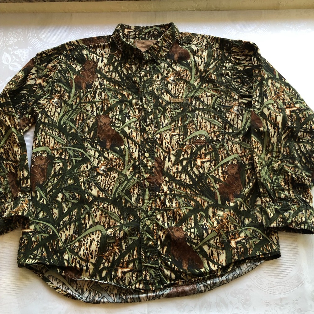Outdoor Life Olive Green DOGS Camouflage Camping Hunting Shirt Men’s Size L